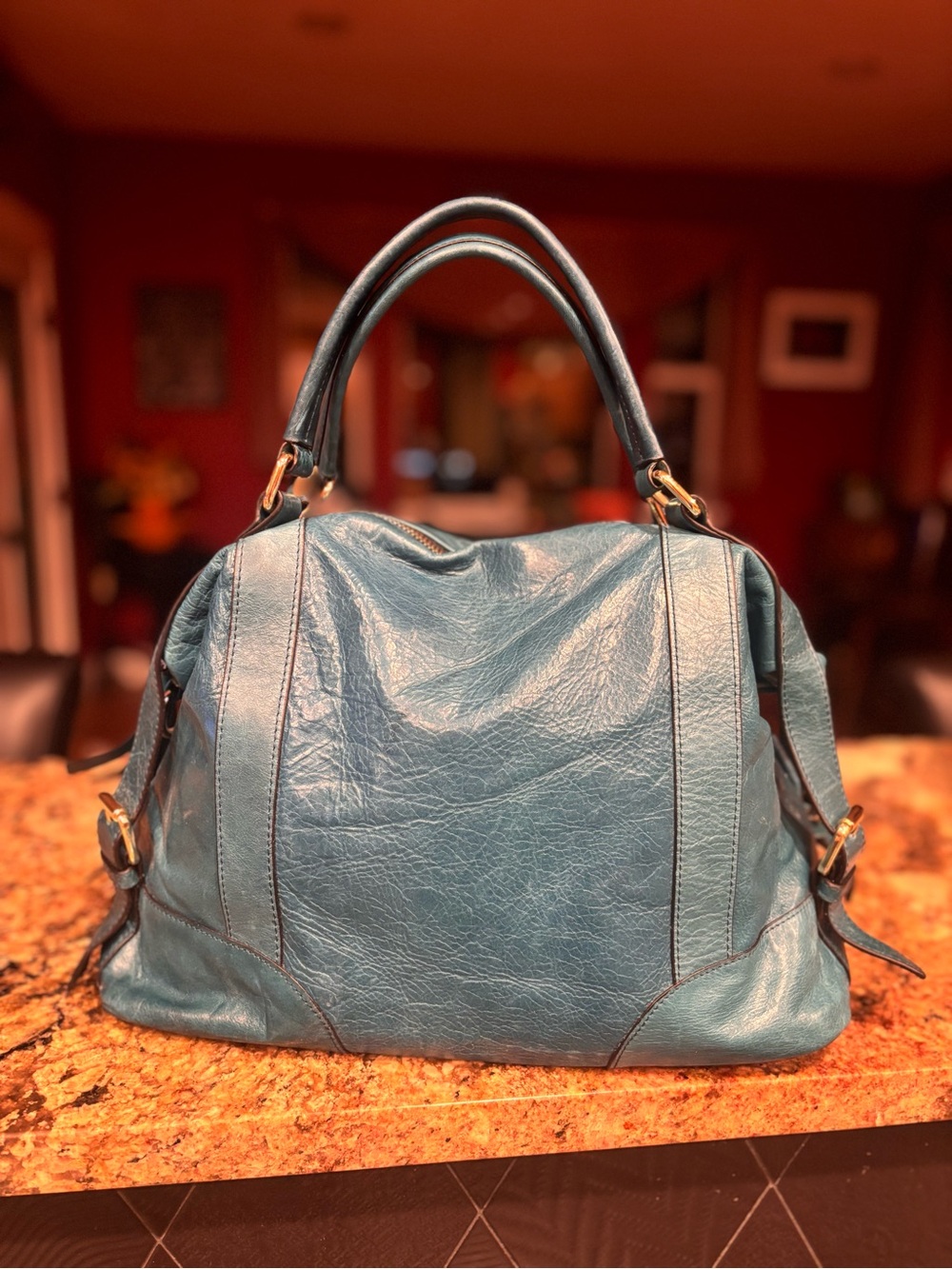 Like New: La Poet Waxed Cowhide Leather Satchel in Teal